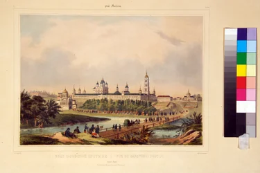 Vista del Monasterio de Sarov. El convento de Seraphim (Seraphim) de Sarov (1759-1833), un santo ortodoxo. Obra de Charles Claude Bachelier (primera mitad del siglo XIX), grabado coloreado a la acuarela, principios del siglo XIX. Arte