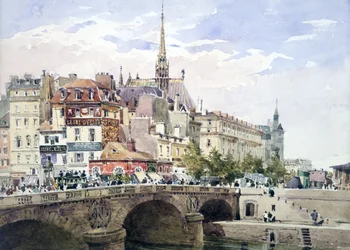 París a orillas del Puente Saint-Michel", acuarela. Charles Claude Pyne (1802-1878) Paisajista y pintor de género inglés. Al fondo, la Sainte-Chapelle y el Palacio de Justicia. Puente sobre el Sena París Francia