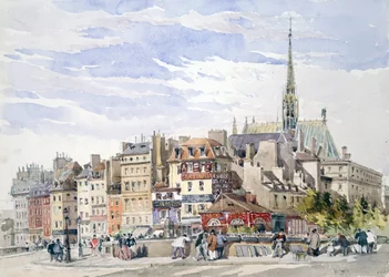 La Sainte-Chapelle y el Palacio de Justicia junto al muelle Pont Saint-Michel". Acuarela. Charles Claude Pyne (1802-1878) Paisajista y pintor de género inglés. París, Francia
