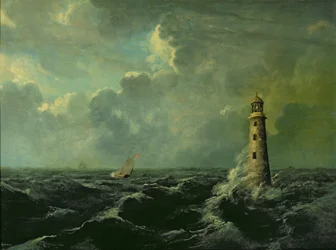 Paisaje marino con faro (óleo sobre tabla)