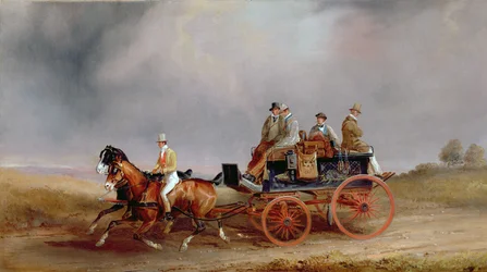 Yendo a cazar; un postillón y un par con un carro de caza