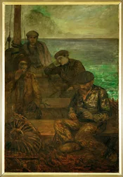 País del mar - tríptico, panel izquierdo: Los que parten (pintura sobre lienzo)