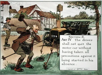 Sección 6. Art. IV El conductor no deberá abandonar el automóvil sin haber tomado todas las precauciones para evitar que se ponga en marcha en su ausencia, de un libro de reglas de la carretera, publicado c.1905