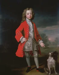 Retrato de un niño con chaqueta roja y su spaniel