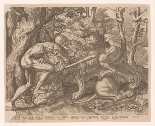 Hércules sostiene al león de Nemea en un estrangulamiento
Obras de Hércules según Frans Floris (título de la serie)