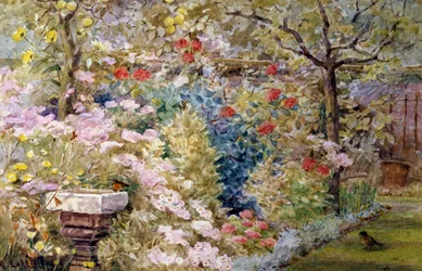 Un jardín de verano. Jardín de verano con pájaros, flores y fuente. Pintura de Charles Earle (1832-1893 británico) Colección particular