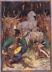 ¡Hey! Buen hombre, sé lo que te preocupa, escena de Sur el Águila en Historias Infantiles de Leyendas Rumanas de Moses Gaster (1856-1939) 1921