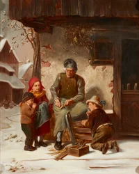 Reparando el trineo (óleo sobre lienzo)