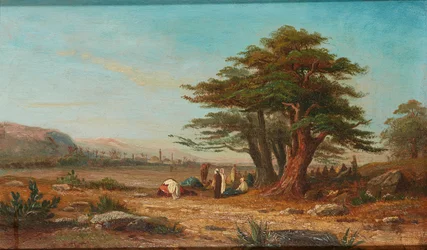 Levantando el campamento, con los camellos descansando (óleo sobre tabla)