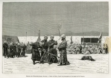 Ejercicios de manipulación de rifles Taifourchi, tropas armadas y entrenadas por los militares chinos, dibujo de Delort, para ilustrar los recuerdos de una embajada inglesa en Kachgar (o Kashi, China) en 1873-74, por Mr. Chapman y Gordon. Grabado en Le tou