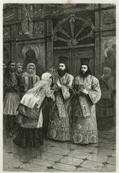 Sacerdotes que ofrecen imágenes sagradas para ser besadas, grabado de Ch. Delort para ilustrar el viaje de Henri Belle a Grecia en 1861, 1868 y 1874, publicado en Le Tour du monde bajo la dirección de Édouard Charton