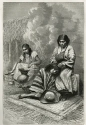 El malcriar de un niño por su madre y la fabricación de aguardiente de caña (ron), cerca de Cali (Valle del Cauca, Colombia), grabado por Ch. Delort, para ilustrar la historia de América Ecuatorial por E. Andre, una misión asignada por el gobierno francés,