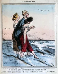 Hombre tradicional escoltando a dos jóvenes damas a bañarse en el mar, c.1850-70