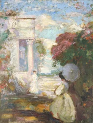 Paisaje lírico con dos figuras con vestimenta del siglo XIX, 1890-1900