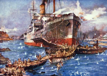 Tropas británicas del Río Clyde desembarcan en V Beach, Gallipoli, 25 de abril de 1915