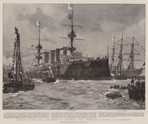 Retorno de los Defensores Navales de Ladysmith, HMS Powerful llegando a Portsmouth