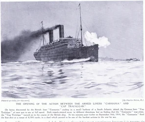 La acción inicial entre los buques armados Carmania y Cap Trafalgar, Atlántico Sur, septiembre de 1915