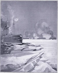Escuadrón de Vladivostok forzando su salida a través del hielo del puerto de Vladivostok, ilustración de la Historia de la Guerra Ruso-Japonesa de Cassell Vol 1, c.1900