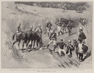 Campaña en Rodesia, una parada para agua mientras marchan con las tropas imperiales
