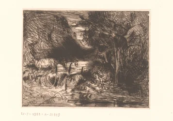 Paisaje con vaca y curso de agua.