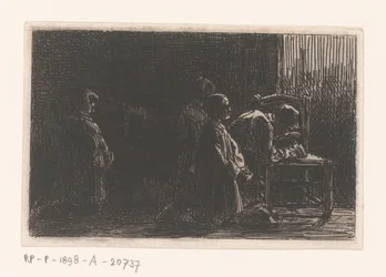 Figuras rezando frente a una silla