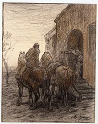 Granjero con dos caballos y mujer que indica el camino