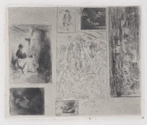 Placa compuesta: Mujer y niños a, Músico viejo b, Comerciante friendo c, Paisaje..., 1843
