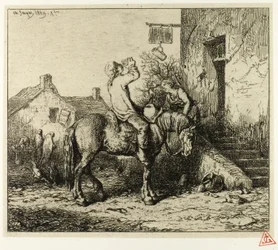 Entrada a una posada, con campesino bebiendo