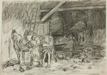 Interior de una herrería (anverso); Hombre agachado, visto desde la lectura (reverso)