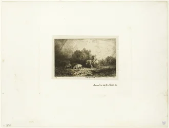 Paisaje con hombre a caballo, cerdos y vaca