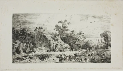 Paisaje con cabañas de paja