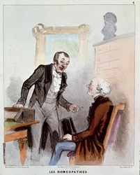 Serie "enfermos y doctores": homeópatas. Caricatura de un médico prescribiendo un medicamento homeopático a un paciente. Grabado de Charles Jacques