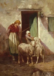 Pastora con un Niño y Dos Ovejas