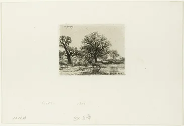 Árboles y vacas cerca de un estanque