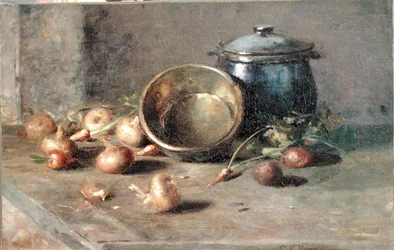 Naturaleza muerta (olla, tetera y cebollas)