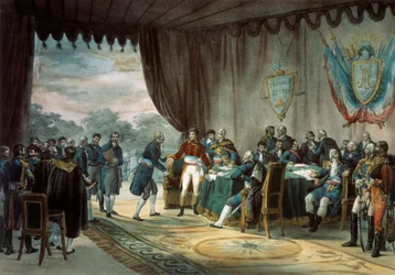 Firma del Tratado de Mortefontaine el 30/09/1800 durante el cual Francia (representada por Napoleón Bonaparte (1769-1821)) vende Luisiana a los Estados Unidos. Litografía de C. Motte (siglo XIX) París, B.N.