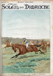 Carrera de caballos: "La gran forzaine deportiva: una falsa salida en el hipódromo de Longchamps". Acuarela de Condamy Grabado en "Le sun-du-dimanche", 18 de junio
