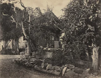 Escena rural con edificio de piedra y cruz, c. 1857