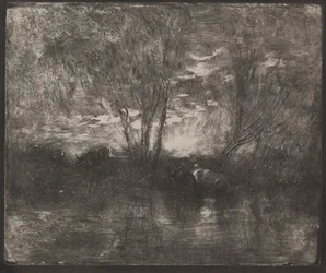 Vacas en un Abrevadero, impresión original 1862, impreso en 1921