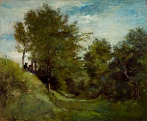Paisaje con figuras sentadas en un banco, finales de 1870s