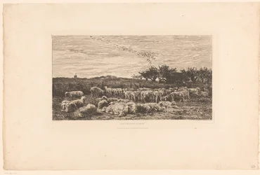 Paisaje con rebaño de ovejas Parc à moutons, le matin (título sobre objeto)
