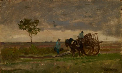 Vasto paisaje con carro de campesinos