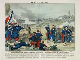 Derrota de los Rebeldes Atrincherados en el Cementerio de Père Lachaise y en la Colina de Chaumont, 1871 (grabado en color)