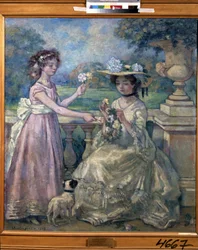 Dos chicas en una terraza. Pintura de Charles Francois Prosper Guerin (1875-1939)
