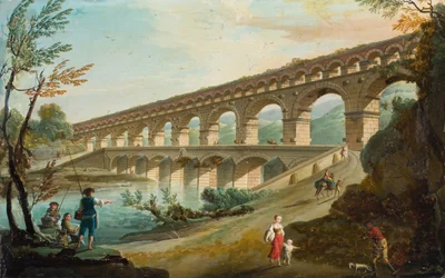 Paisaje fluvial con figuras en un camino junto a un acueducto doble (óleo sobre lienzo)