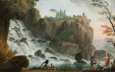 Paisaje rocoso con figuras junto a una cascada (óleo sobre lienzo)