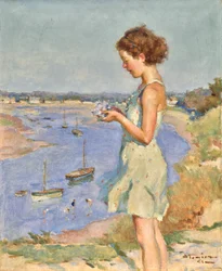 Joven con una hortensia azul, Saint-Gilles-Croix-de-Vie