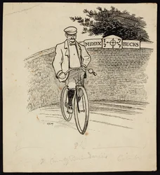 Un hombre en bicicleta delante de una señal que marca el límite del condado entre Middlesex y Buckinghamshire.