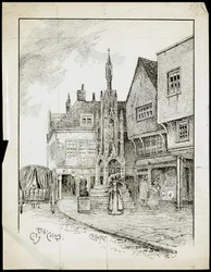 Vista desde el noroeste de Butter Cross, High Street, Winchester, Hampshire (pluma y tinta sobre papel)