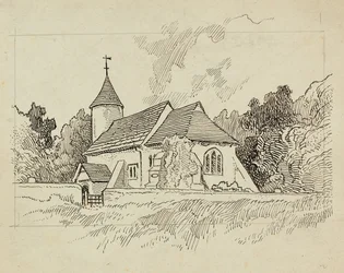 Vista exterior de una iglesia no identificada (pluma y tinta sobre papel)